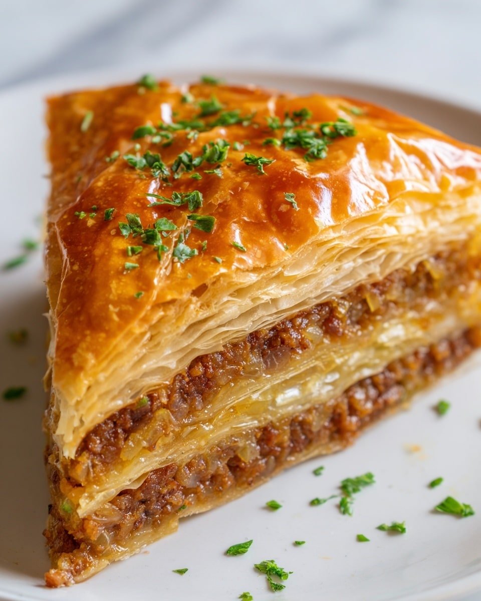 A slice of meat pie is placed on a white plate with a white marbled surface underneath. The pie has three visible layers: the bottom layer is light beige with small, soft onion pieces, the middle layer is thick and made of finely ground brown meat filling, and the top layer is golden-brown, flaky pastry with a shiny glaze and light green herb bits sprinkled on top. The edges of the pastry are slightly raised and crisp, giving a textured look to the pie. photo taken with an iphone --ar 4:5 --v 7 — Kreatopita Greek Meat Pie, Greek Meat Pie Recipe, How to Make Kreatopita, Traditional Greek Meat Pie, Homemade Kreatopita