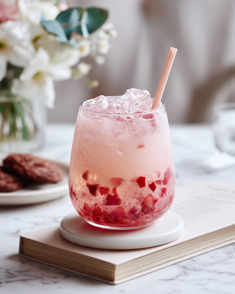 Strawberry Yakult Green Tea Refresher Recipe - Recipe Image — Strawberry Yakult Green Tea Refresher, green tea drinks, homemade fruit beverages, refreshing strawberry drinks, probiotic green tea beverages