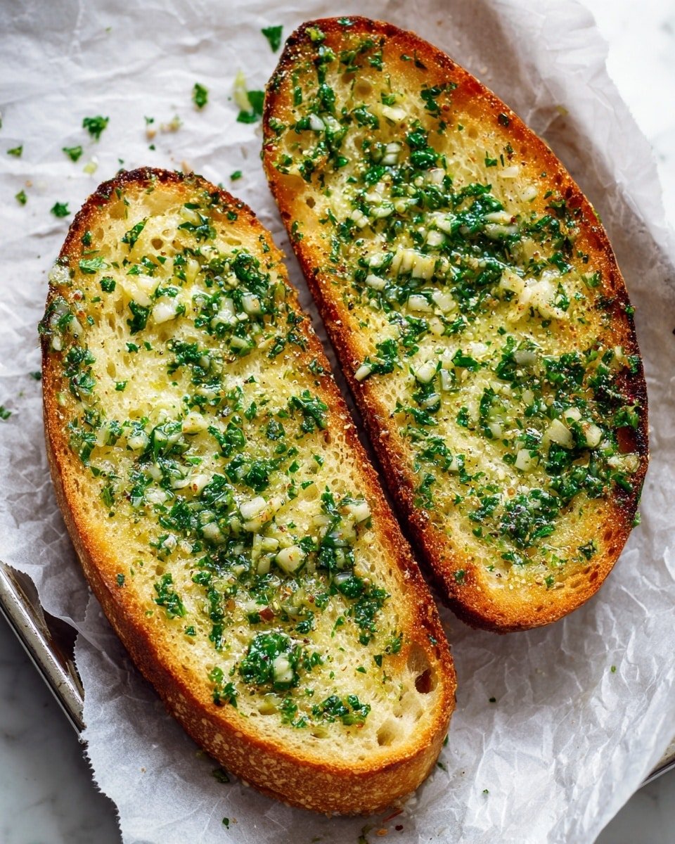 The image shows a sliced loaf of golden toasted garlic bread on white parchment paper over a white marbled surface. The bread has five slices with a crispy, slightly browned crust and a soft, textured inside. Each slice is generously spread with a creamy, pale yellow garlic butter mixed with finely chopped green parsley, giving a fresh look to the top. To the left, there is a rough kitchen knife with a wooden handle, and three garlic cloves are placed nearby. Some parsley leaves are scattered around, adding more green colors to the scene. photo taken with an iphone --ar 4:5 --v 7 — The Best Garlic Bread You'll Ever Eat, garlic bread recipe, easy garlic bread, homemade garlic bread, best garlic bread
