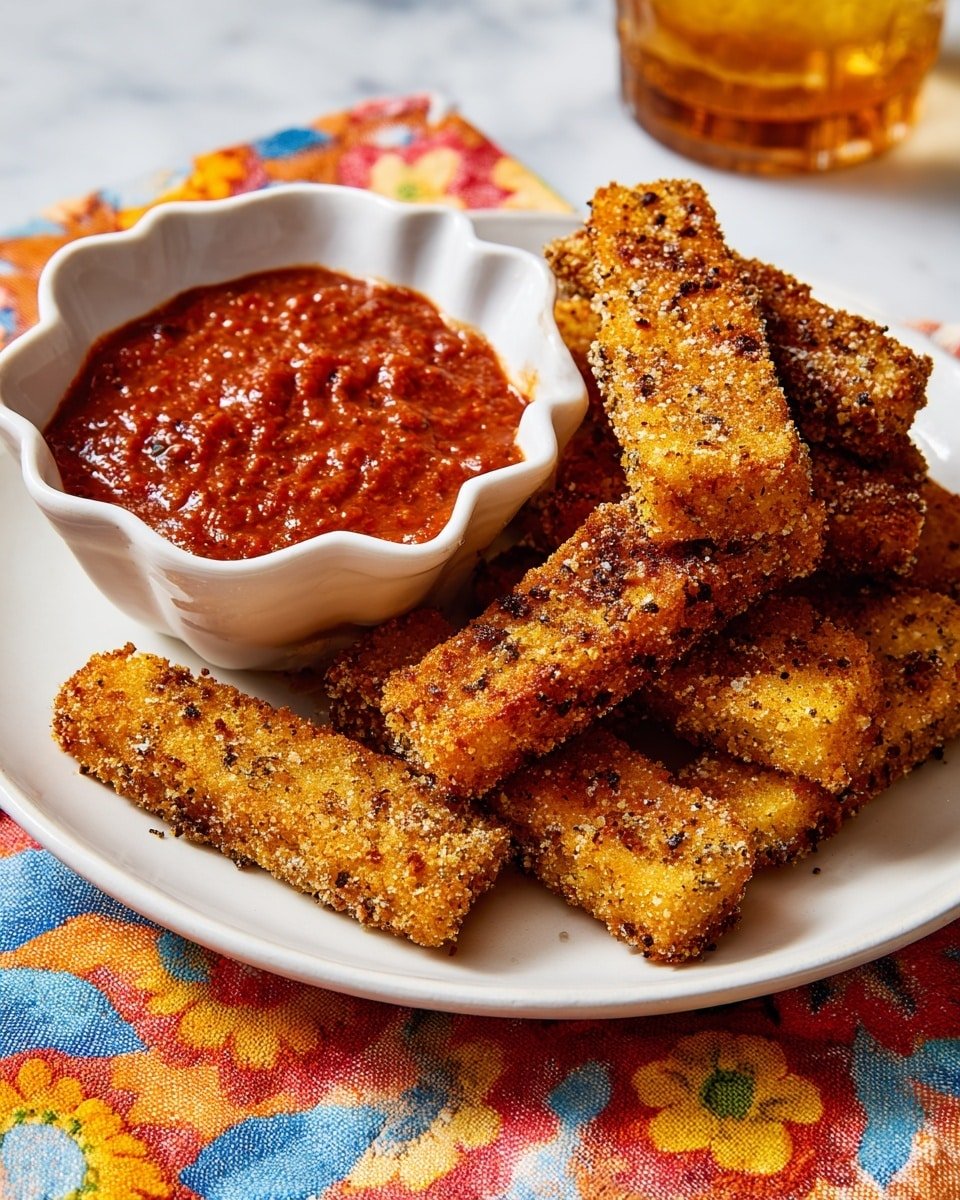 A white plate holds several golden brown breaded sticks stacked in two layers, showing a rough crispy texture with small dark specks. At the back of the plate, a white scalloped bowl sits filled with thick, rich red sauce that has a slightly chunky texture. The plate rests on a colorful cloth with orange, yellow, blue, and white flower patterns, against a white marbled background. In the corner, part of a glass with a golden drink is visible. Photo taken with an iphone --ar 4:5 --v 7 — Fried Mozzarella Sticks with Marinara Dipping Sauce, mozzarella stick appetizer, crispy mozzarella cheese bites, homemade fried mozzarella, easy appetizer recipes