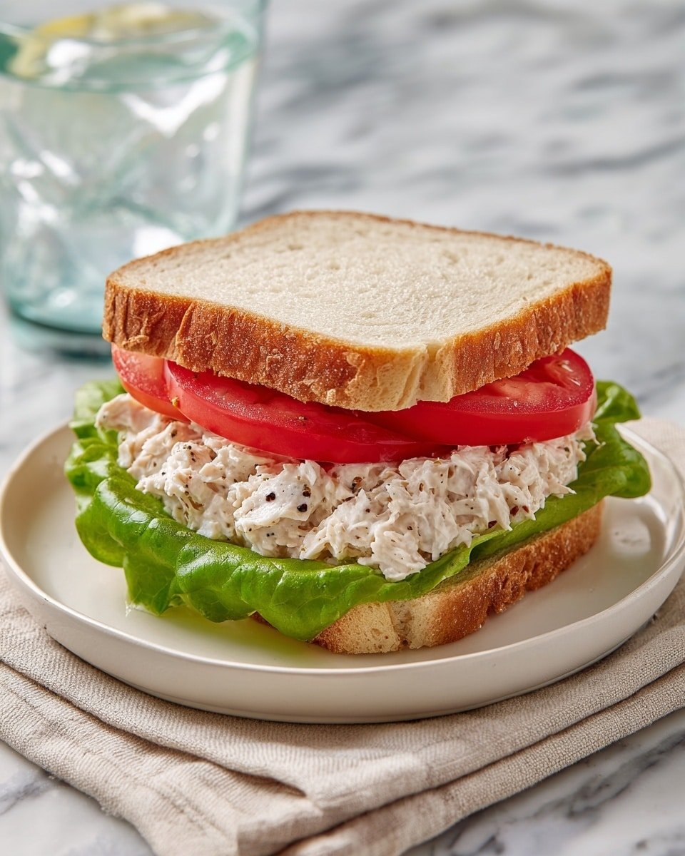 The image shows a sandwich on a white plate with a light brown rim, placed on a beige napkin over a white marbled surface. The sandwich has three visible layers between two slices of white bread. The bottom layer is a creamy chicken salad mixed with small green herbs. Above it are thick slices of red tomato, and on top are several large, crisp green lettuce leaves. In the background, there is a clear glass of water with a lemon wedge. The scene is softly lit with natural light and has a calm, minimal look. photo taken with an iphone --ar 4:5 --v 7 — Tuna Salad Toast, Tuna Salad Toast Recipe, easy tuna toast, quick lunch ideas, healthy tuna snack