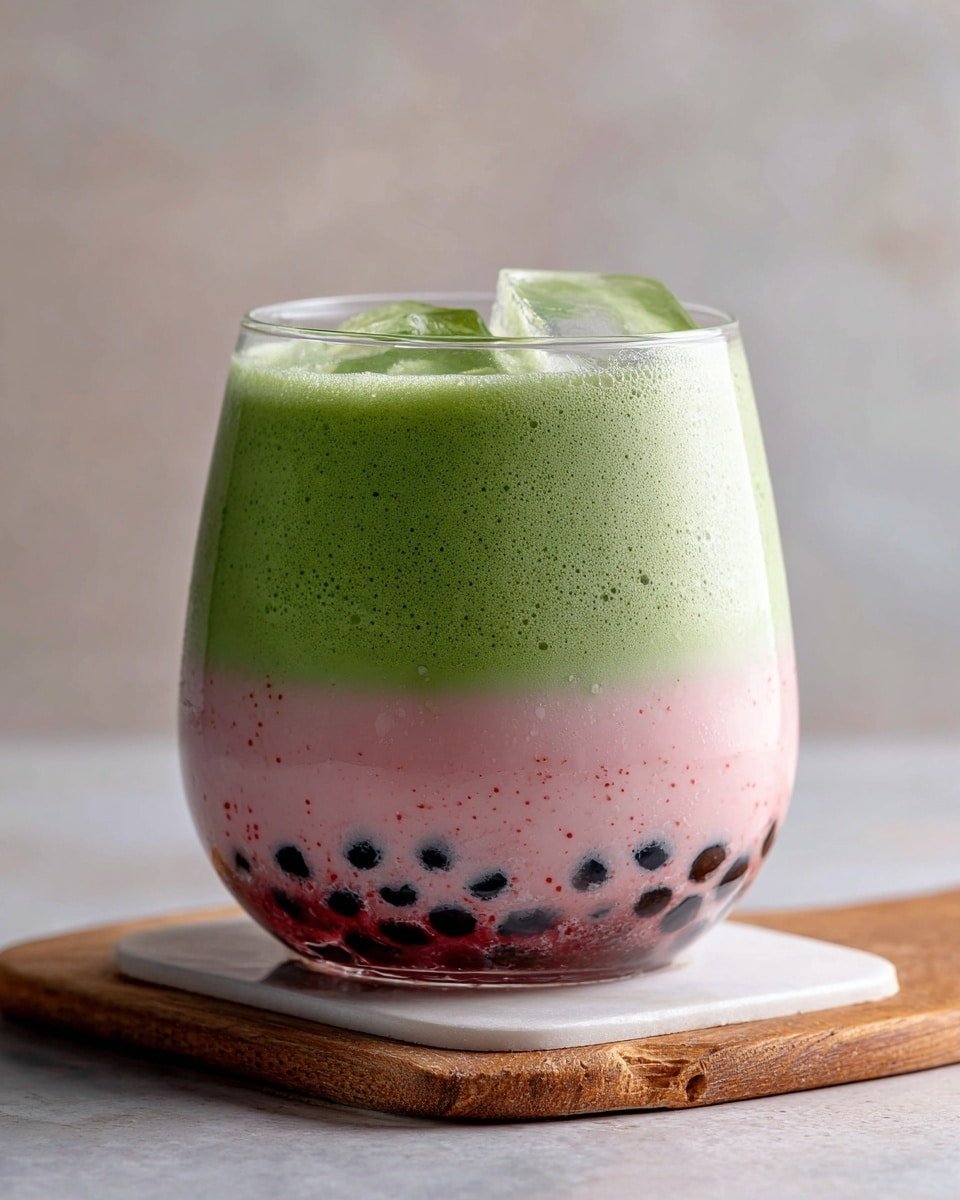 Strawberry Matcha Boba Recipe - Recipe Image — Strawberry Matcha Boba, Matcha Boba Drink, Strawberry Bubble Tea, Green Tea Boba, Fresh Fruit Matcha Drink