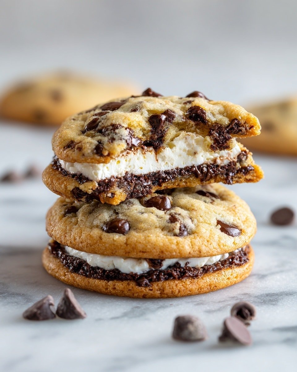 Cheesecake Stuffed Chocolate Chip Cookies Recipe - Recipe Image — Cheesecake Stuffed Chocolate Chip Cookies, chocolate chip cookie recipes, cheesecake cookie filling, indulgent cookie recipes, baked treats with cheesecake