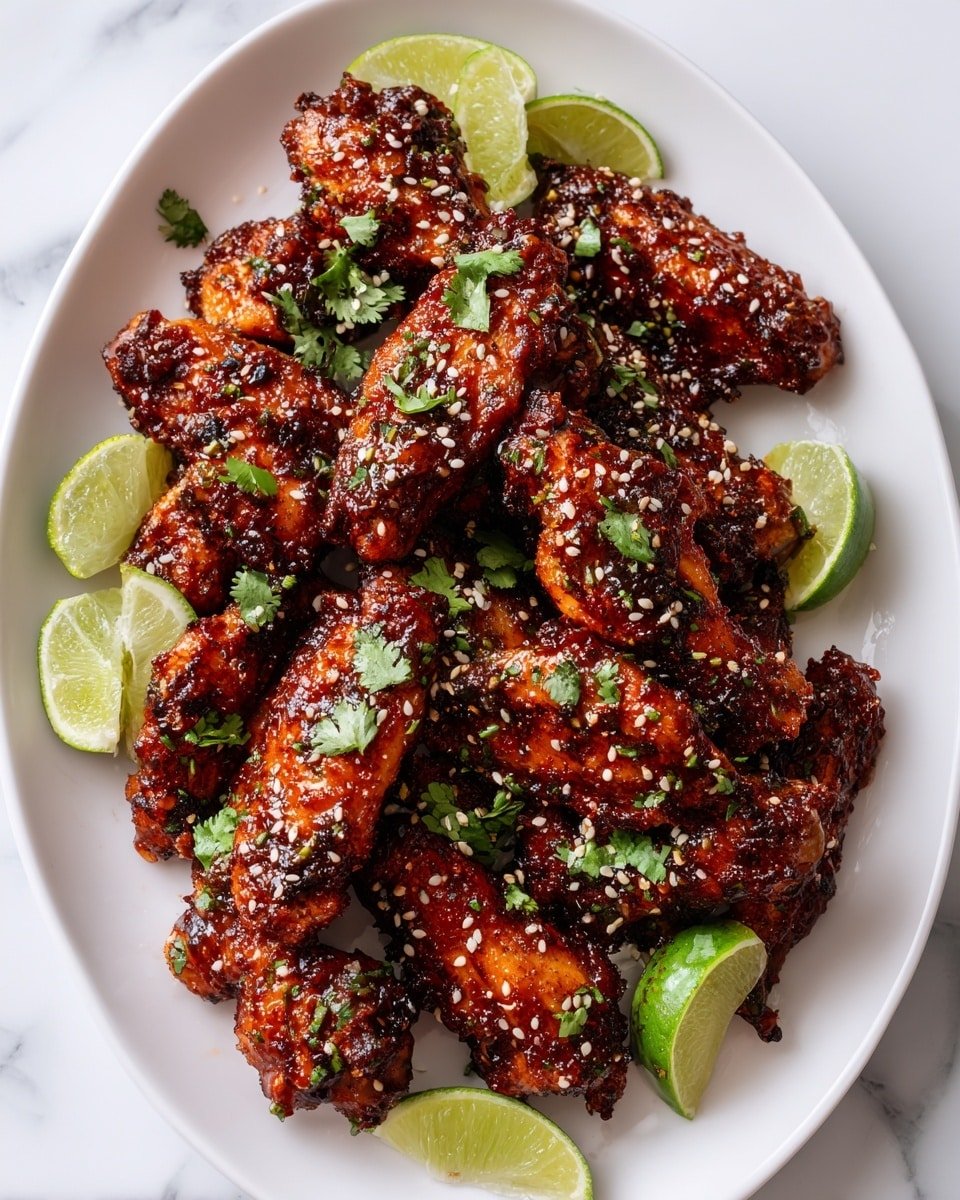 A white oval plate is full of about two layers of dark red glazed chicken wings with a shiny texture, sprinkled evenly with small white sesame seeds and chopped green herbs. Around and among the wings, several bright green lime wedges add color contrast. The plate is placed on a white marbled surface with extra lime pieces and some green herbs scattered nearby. In the background, there are parts of other white plates with more chicken wings. The overall look is warm, vibrant, and appetizing. photo taken with an iphone --ar 4:5 --v 7 — Sweet and Spicy Sriracha Baked Chicken Wings, spicy baked chicken wings, honey lime chicken wings, crispy chicken wing recipes, easy chicken wing ideas