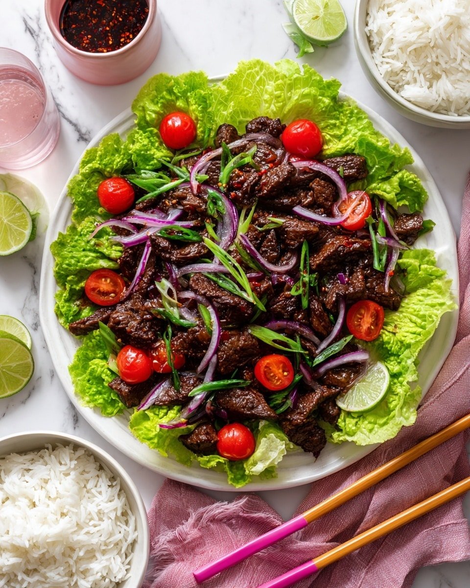 The dish shows several pieces of dark brown glazed beef on top of a bed of green leafy lettuce, with bright red cherry tomatoes and purple onion slices mixed in. A woman's hand is holding a pair of wooden chopsticks picking up one piece of the beef. The plate is white, and the whole scene sits on a white marbled surface. The background is soft and out of focus with a white cup and glass visible. photo taken with an iphone --ar 4:5 --v 7 — Bo Luc Lac Vietnamese Shaking Beef, Vietnamese Shaking Beef recipe, Vietnamese beef stir-fry, savory Vietnamese beef dish, easy Vietnamese recipes