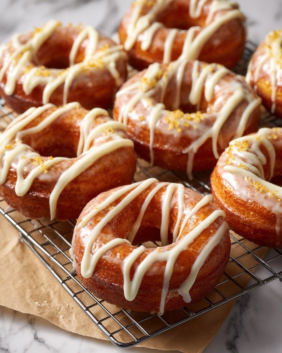 The image shows a group of golden-brown donuts placed closely together on a wire cooling rack. Each donut has a shiny coating and is topped with white icing dripped over the tops in uneven stripes. Some donuts are also sprinkled with small crunchy bits, adding texture. The wire rack sits on a white marbled surface with a crumpled piece of brown parchment paper partially visible under one corner. The warm light highlights the soft, moist texture of the donuts and the smooth creaminess of the icing. photo taken with an iphone --ar 4:5 --v 7 — Pumpkin Spice Cheesecake Doughnuts, pumpkin spice doughnut recipes, autumn dessert ideas, easy homemade doughnuts, cozy fall treats