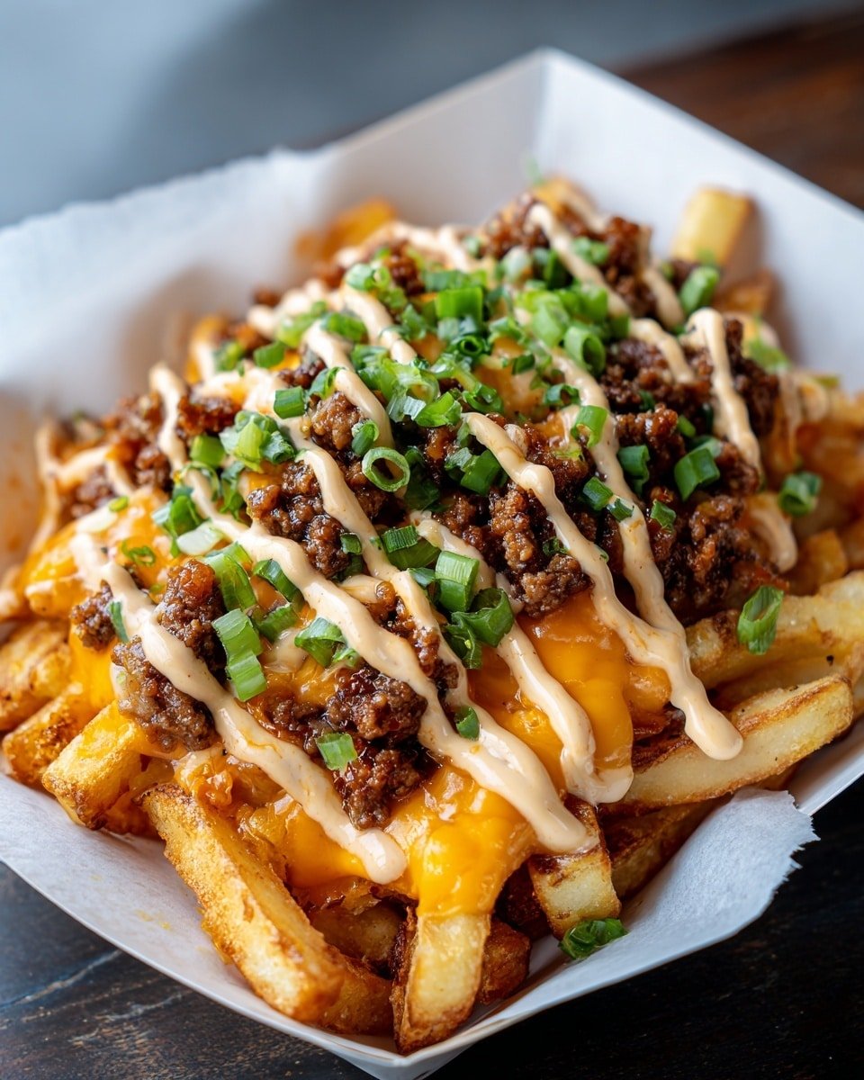 A white plate holds a large serving of golden French fries as the base layer, topped with crispy, dark brown bacon pieces scattered all over. On top of this, there is a thick, creamy layer of white cheese sauce mixed with melted yellow cheddar cheese, covering the fries and bacon evenly. Bright green chopped scallions are sprinkled on the very top, adding a fresh pop of color. The whole dish sits on a white marbled surface. Photo taken with an iphone --ar 4:5 --v 7 — Loaded Nacho Fries, nacho fries recipe, crispy loaded fries, cheesy nacho fries, easy loaded fries