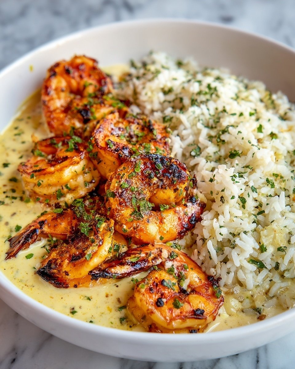 Garlic Butter Shrimp Bowl with Creamy Herb Rice Recipe - Recipe Image — Garlic Butter Shrimp Bowl with Creamy Herb Rice, shrimp and herb rice bowl, easy shrimp dinner, seafood rice bowl, flavorful garlic shrimp recipe