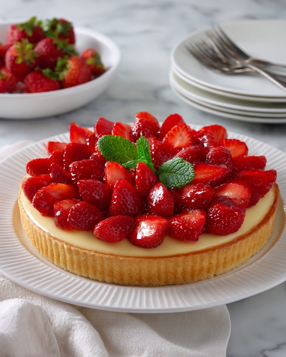 Glazed Fresh Strawberry Tart Recipe - Recipe Image — Glazed Fresh Strawberry Tart, strawberry tart dessert, easy fruit tart recipe, homemade strawberry tart, elegant summer pastry