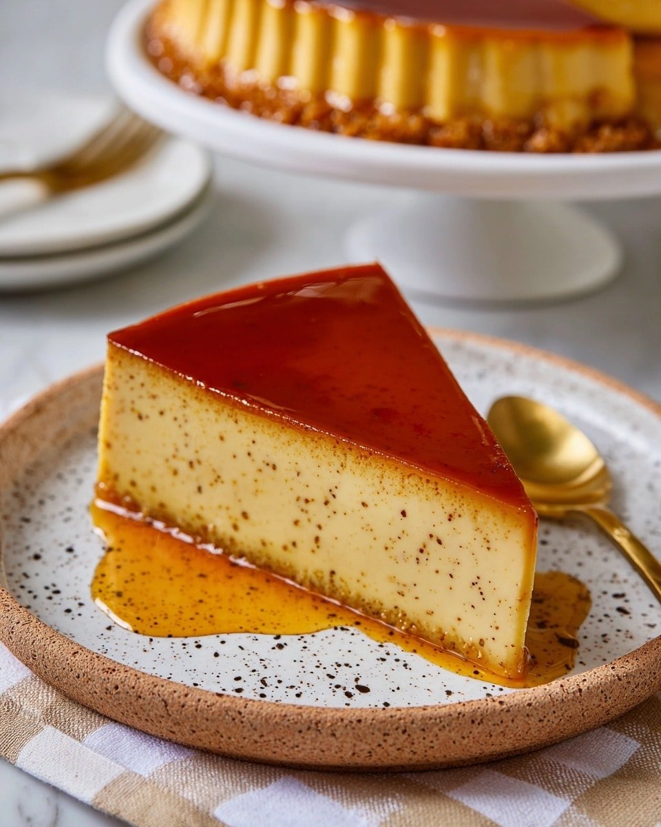 A single slice of caramel flan sits on a round white speckled plate, with a smooth, shiny deep amber caramel layer on top that slightly drips down the side onto the light brown speckled plate. Below the caramel is a thick, creamy yellow custard layer with some small brown specks visible throughout. The slice rests on a white marbled surface covered by a beige and white checkered cloth. A gold spoon is placed beside the slice on the plate. The edge of a white cake stand holding the rest of the flan is partially visible in the background. Photo taken with an iphone --ar 4:5 --v 7 — Pumpkin Flan, Pumpkin Flan Recipe, Easy Pumpkin Flan, Pumpkin Custard Dessert, Fall Pumpkin Flan