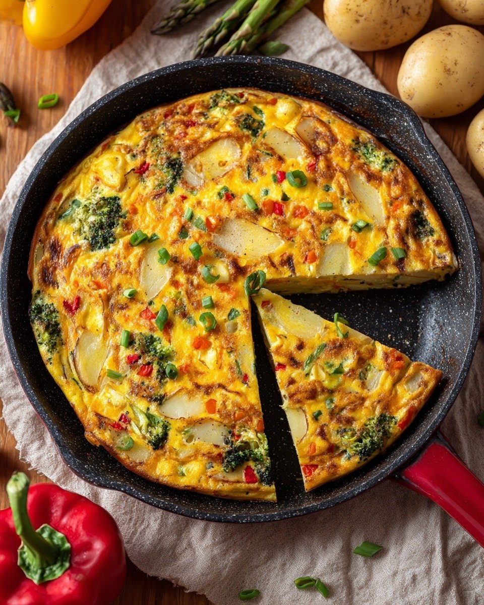 A round frittata with one slice cut out and placed slightly apart, showing its thick, soft texture. The frittata has visible layers of cooked egg mixed with green broccoli florets, orange red bell pepper pieces, light brown potato slices, and small chopped green onions scattered on top. The surface is golden brown with a slightly crispy edge. It sits in a black pan with a red handle, placed on a light beige cloth over a wooden table with scattered asparagus spears, a whole red bell pepper, and light yellow potatoes around it. photo taken with an iphone --ar 4:5 --v 7 — Savory Winter Vegetable Frittata, winter vegetable frittata recipe, healthy winter brunch ideas, easy vegetable breakfast dish, comforting winter egg casserole