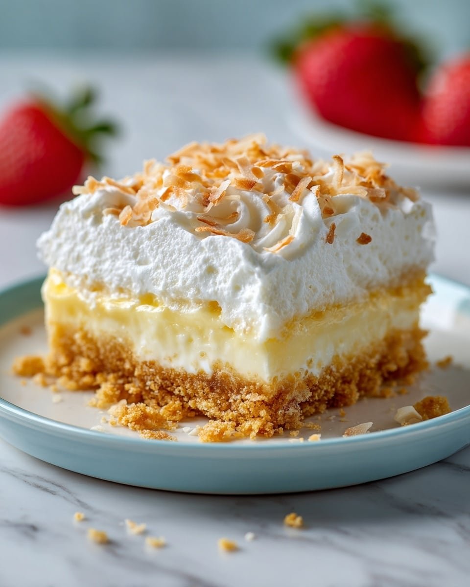 A square dessert slice with three clear layers sits on a white plate with a raised, textured rim, all placed on a white marbled surface. The bottom layer is crumbly and golden brown. The middle layer is smooth and pale yellow, creamy in texture. The top layer is thick, fluffy, and white, topped generously with toasted coconut flakes that are light brown on the edges. The background shows soft, blurred shapes of greenery and a window. Photo taken with an iphone --ar 4:5 --v 7 — No-bake Coconut Cream Lush, no-bake dessert recipes, coconut layered dessert, easy tropical desserts, coconut creamy luscious dessert