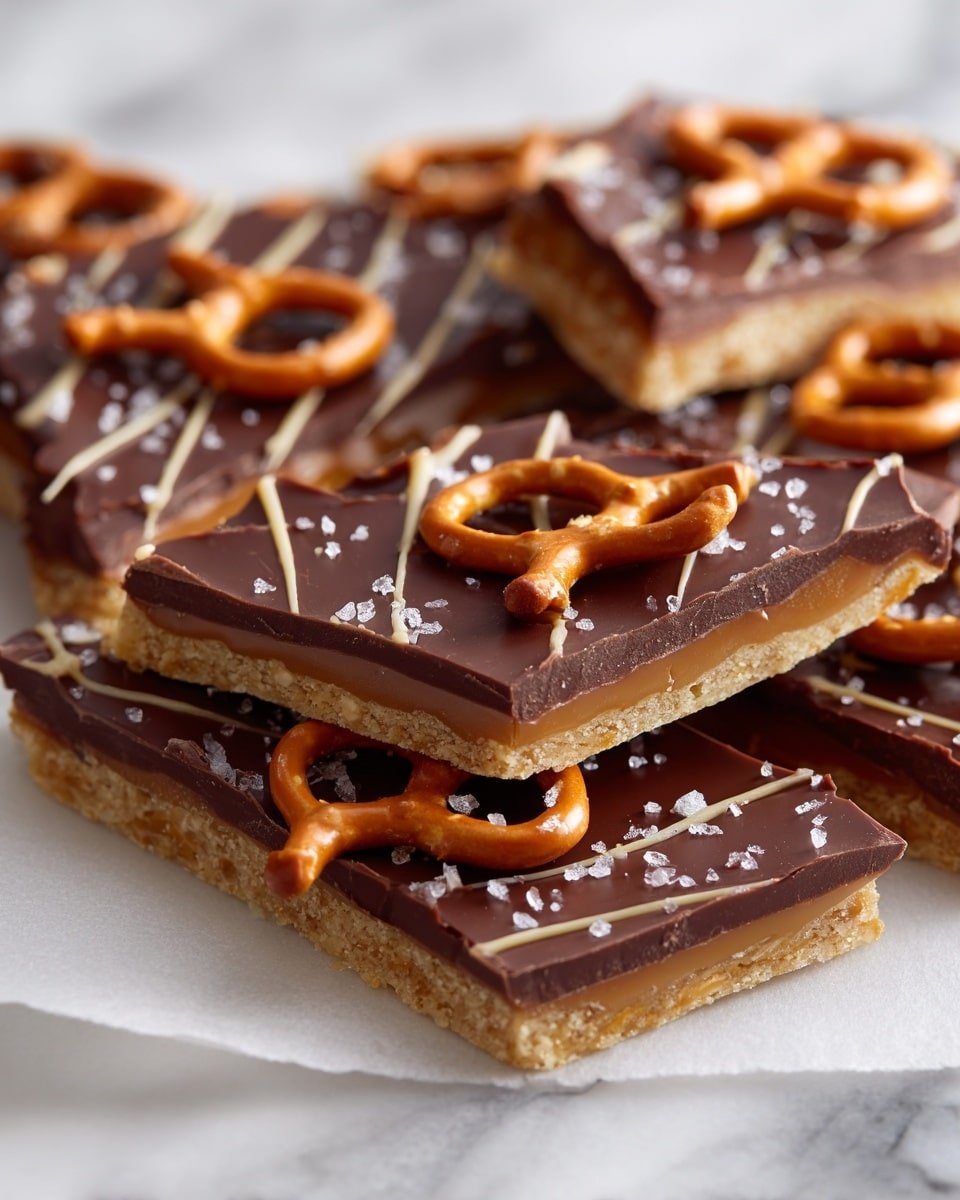 The image shows a close-up of several pieces of chocolate bark placed on white parchment paper over a white marbled surface. Each piece has three visible layers: the bottom layer is a light golden brown, crunchy-looking base, the middle layer is a smooth, thick dark brown chocolate, and the top layer is decorated with thin stripes of caramel and topped with whole pretzels that are golden brown with white salt bits. Small white salt crystals are also scattered across the chocolate surface. The pieces are broken into irregular shapes with rough edges. Photo taken with an iphone --ar 4:5 --v 7 — Salted Caramel Pretzel Bark, Salted Caramel Pretzel Bark recipe, how to make salted caramel pretzel bark, crunchy caramel bark with pretzels, easy salted caramel pretzel treats