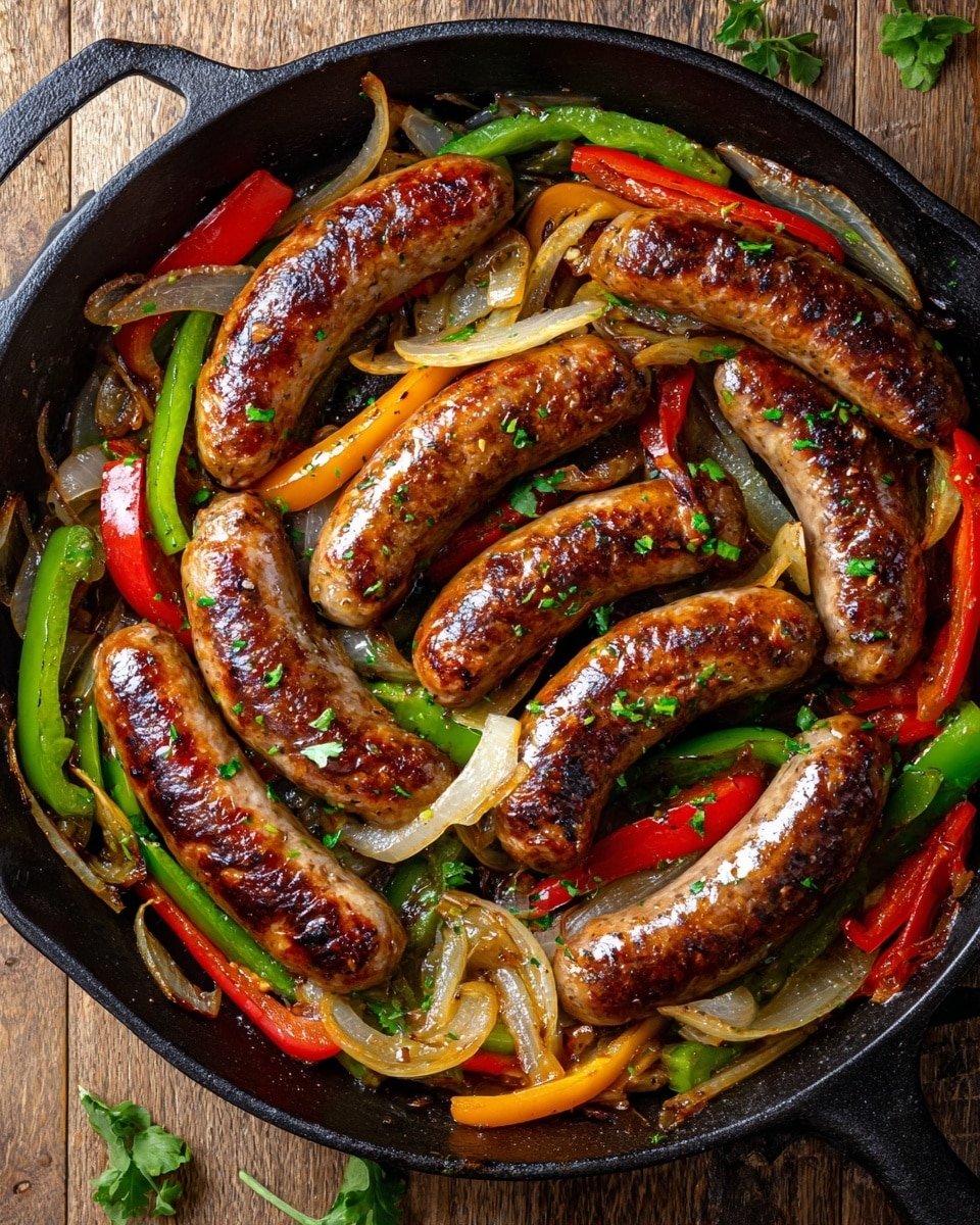A black pan filled with cooked sausages and sautéed vegetables. There are seven browned sausages, each shiny with oil and cooked to a rich brown color. Around and between the sausages, there are slices of red and green bell peppers, plus pieces of cooked onion rings. The vegetables have a soft texture and a mix of bright green, red, and yellowish-white colors. The food sits in a light layer of oil and seasoning, giving everything a glossy look. The background shows a white marbled texture. photo taken with an iphone --ar 4:5 --v 7 — Simple Sausage Skillet with Andouille Sausage, quick sausage skillet recipe, easy weeknight sausage dinner, flavorful sausage and vegetable skillet, one-pan sausage and veggies
