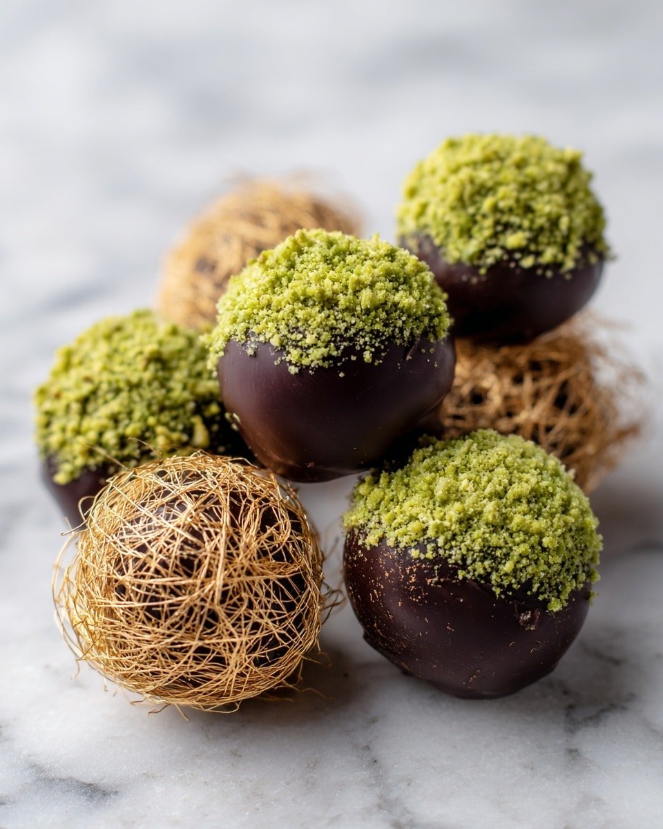 Five round sweets are stacked on a white plate. Each sweet has a shiny dark brown chocolate ball in the center, topped with a small layer of crushed green pistachios. Surrounding the bottom half of each chocolate ball is a nest-like layer of golden brown, thin crispy strands, giving a delicate texture contrast. The plate is set on a white marbled surface. photo taken with an iphone --ar 4:5 --v 7 — Dubai Chocolate Balls with Pistachio Filling, Luxurious Dubai Chocolate Balls, Pistachio-filled Chocolate Treats, Middle Eastern Chocolate Desserts, Gourmet Chocolate Balls