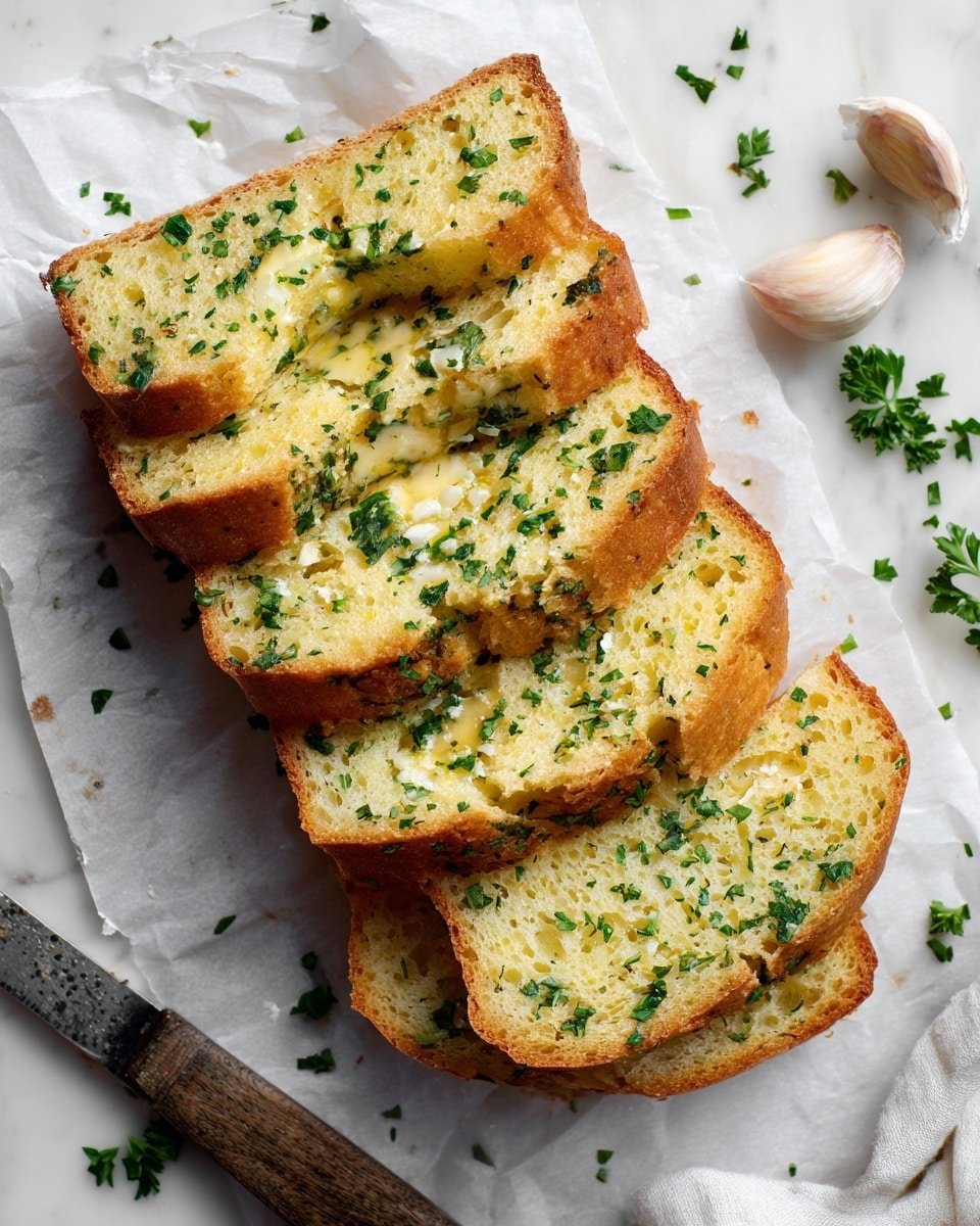 The image shows several slices of garlic bread placed on crumpled white parchment paper over a white marbled surface. The bread has two main layers: a golden-brown crust layer on the outside and a soft, yellowish inside layer topped with finely chopped green herbs and small white pieces of garlic spread evenly. The texture looks crunchy on the edges and soft inside. Some green parsley leaves are scattered around the bread, adding color contrast. Photo taken with an iphone --ar 4:5 --v 7 — The Best Garlic Bread You'll Ever Eat, garlic bread recipe, easy garlic bread, homemade garlic bread, best garlic bread