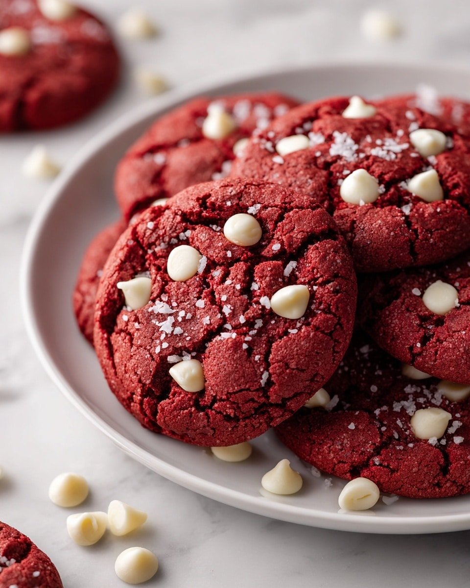 A close-up of several red cookies stacked on a white plate, each cookie showing a rough, cracked surface with smooth white chocolate chips embedded across the top and small grains of salt sprinkled over them, the plate rests on a white marbled texture surface, with some white chocolate chips scattered loosely nearby, giving a rich contrast between the deep red of the cookies and the white chips, photo taken with an iphone --ar 4:5 --v 7 — Red Velvet Chocolate Chip Cookies, Red Velvet Cookies, Chocolate Chip Cookies, Festive Cookies, Easy Cookie Recipes