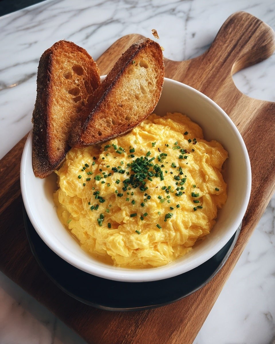 A white bowl filled with fluffy, yellow scrambled eggs topped with small green chopped herbs in the center, placed on a dark plate which is on a wooden board. On the left side inside the bowl, there are two pieces of toasted bread, golden brown and crispy. The entire setup is on a white marbled surface. photo taken with an iphone --ar 4:5 --v 7 — Scrambled Eggs with Cheddar Cheese and Chives, cheesy scrambled eggs, easy breakfast ideas, quick egg recipes, savory eggs with herbs