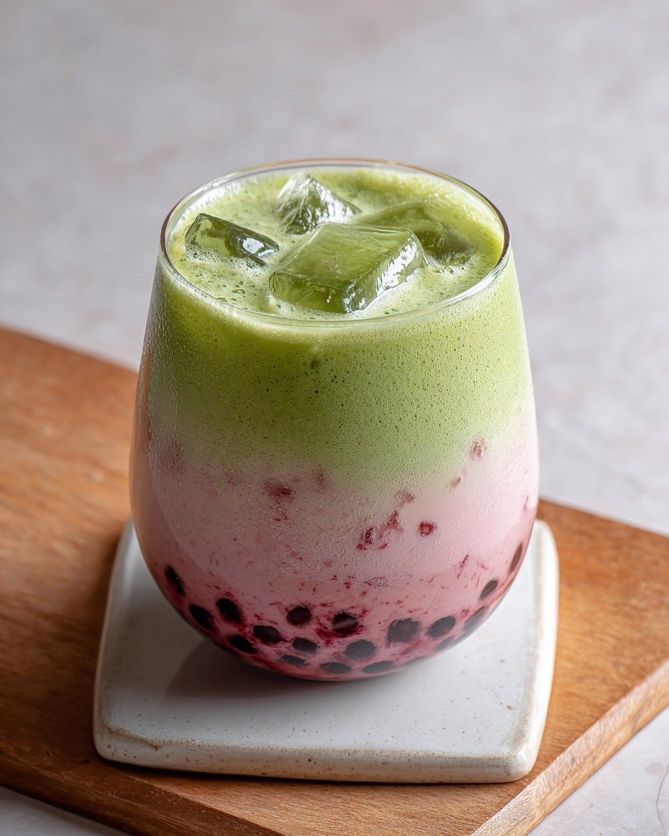 A clear round glass filled with three layers of drink: the bottom layer has small black tapioca pearls, the middle layer is creamy light pink with tiny red bits, and the top layer is a smooth bright green liquid with ice cubes floating in it. A shiny silver metal straw is placed inside the glass. The glass sits on a square white tile on top of a wooden board. Next to the glass are a wheat whisk and a sliced strawberry. The background shows blurred white marbled texture with cups and green plants. photo taken with an iphone --ar 4:5 --v 7 — Strawberry Matcha Boba, Matcha Boba Drink, Strawberry Bubble Tea, Green Tea Boba, Fresh Fruit Matcha Drink