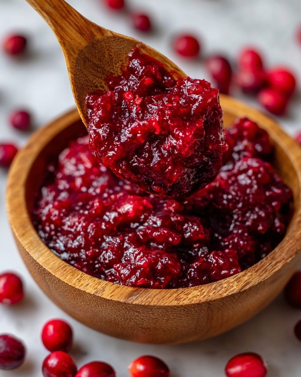 A close-up image showing a wooden bowl filled with bright red cranberry sauce that has a shiny, chunky texture with bits of cranberry visible throughout. A wooden spoon is scooping some of the sauce, which looks thick and slightly sticky, with small pieces of lemon zest on top. Around the bowl, there are whole cranberries scattered on a dark surface. photo taken with an iphone --ar 4:5 --v 7 — Classic Cranberry Sauce, homemade cranberry sauce, holiday cranberry sauce, easy cranberry sauce recipe, festive cranberry condiment