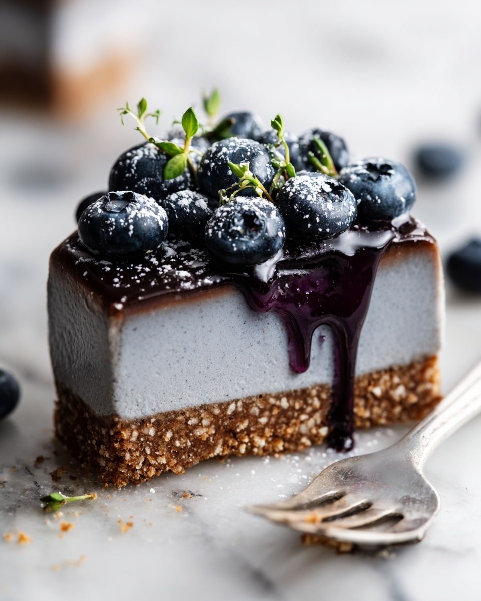 This image shows a slice of dessert with three clear layers. The bottom layer is a crumbly, rough-textured brown crust. The middle layer is smooth and thick, with a soft grayish-blue color. On top, there's a shiny dark purple sauce dripping over the edge. The dessert is decorated with many plump, fresh blueberries, some with a light dusting that looks like powdered sugar, and a few small green herb sprigs. The slice rests on a surface with a white marbled texture, with scattered blueberries and crumbs around it. A woman's hand holding a white fork is seen near the dessert. photo taken with an iphone --ar 4:5 --v 7 — No-Bake Blueberry Chia Pie, healthy summer dessert, vegan fruit pie, easy no-bake blueberry tart, fresh berry chia pie