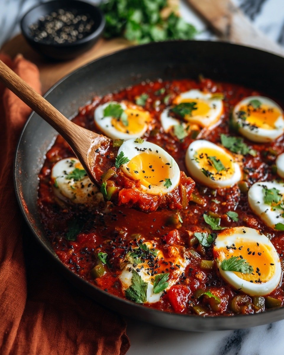 A black pan filled with a thick, chunky red-orange tomato sauce as the base layer, mixed with small green and red pepper pieces and onion. On top, there are halved boiled eggs with bright orange yolks and white edges, evenly spaced around the pan. The sauce and eggs are sprinkled with black seeds and fresh green cilantro leaves scattered on the surface. A wooden spoon rests on the right side, partially immersed in the sauce. The pan handle is wrapped with an orange cloth, and the whole scene sits on a white marbled textured surface with bits of green cilantro around. Photo taken with an iphone --ar 4:5 --v 7 — Egg Curry, Egg Curry Recipe, Easy Egg Curry, Spicy Egg Curry, Coconut Egg Curry