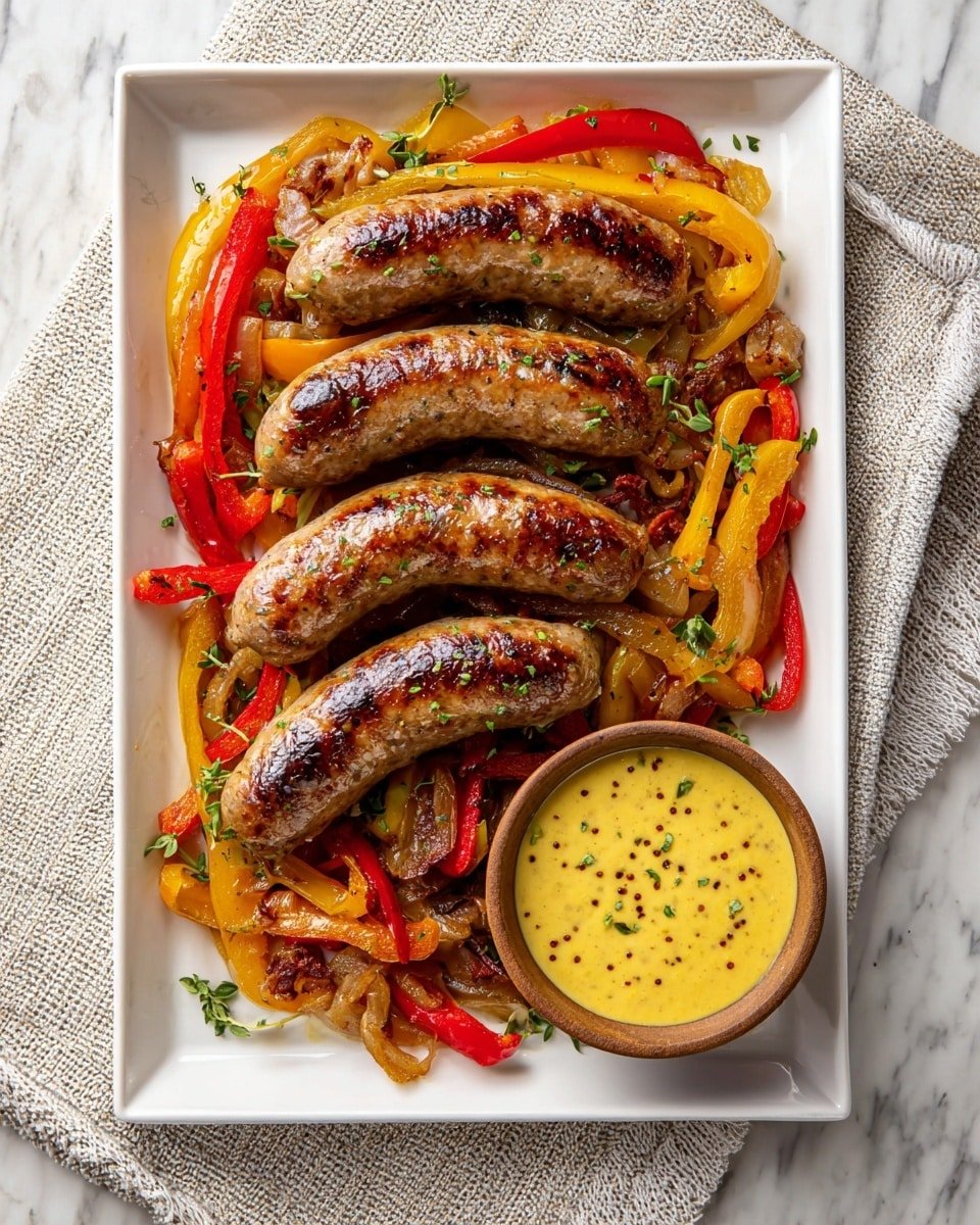 A white rectangular tray holds a dish with five browned sausages arranged in a slightly curved line on top of a bed of sautéed red and yellow bell pepper strips mixed with small pieces of cooked meat and garnished with green herbs. To the right side of the tray is a small round light brown bowl filled with a creamy yellow mustard sauce with visible brown mustard seeds. The tray is placed on a textured white cloth over a white marbled surface. The photo taken with an iphone --ar 4:5 --v 7 — Sheet-Pan Sausage and Peppers with Apples, roasted sausage and peppers, apple and bell pepper skillet, easy sheet-pan dinner, cozy weeknight dinner