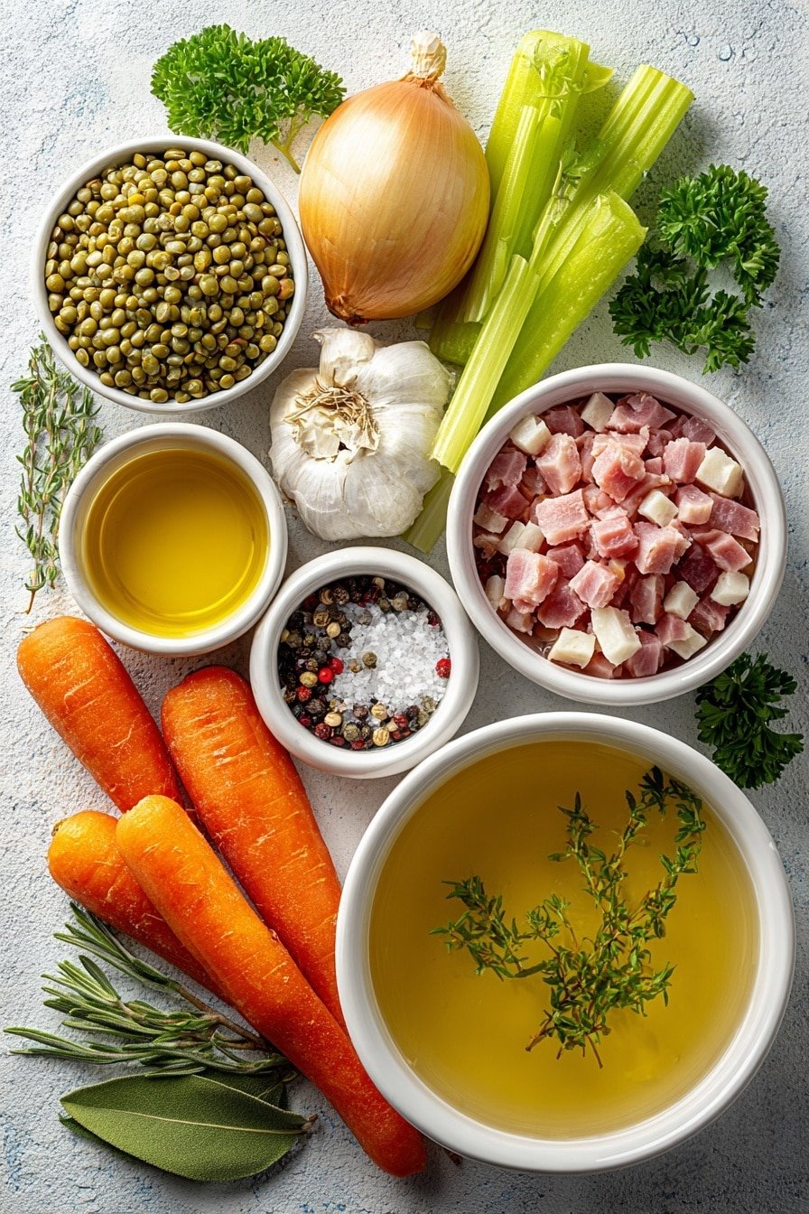 Flat lay of a small white ceramic bowl of golden olive oil, a medium yellow onion whole and peeled, two whole uncracked garlic cloves, two bright orange whole carrots, two fresh green celery stalks, a small white ceramic bowl filled with dried green split peas, a small white ceramic bowl of clear low-sodium vegetable broth, a single fresh bay leaf, a small white ceramic bowl with dried thyme leaves, a small white ceramic bowl with coarse salt, a small white ceramic bowl with whole black peppercorns, a small white ceramic bowl with diced pink ham, and a few sprigs of fresh green parsley arranged in perfect symmetry and balanced proportions, all placed on a clean white marble surface, soft natural light, photo taken with an iPhone, professional food photography style, fresh ingredients, white ceramic bowls, no bottles, no duplicates, no utensils, no packaging --ar 2:3 --v 7 --p m7354639359234015250 — Healthy Split Pea Soup, hearty vegetarian soup, easy healthy soup recipe, nourishing plant-based meal, comforting quick dinner