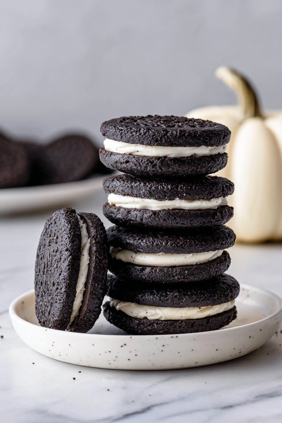 A stack of five black sandwich cookies is placed on a small white plate with a few specks visible on its surface. Each cookie has two smooth, cracked black layers with a thin, light cream filling in the middle, slightly uneven and peeking along the edges. The stack leans slightly to one side, with one cookie resting against it at the front showing the cream layer clearly. In the background, a white pumpkin and dark blurred shapes sit on a white marbled surface. The lighting highlights the rough texture of the black cookie layers. Photo taken with an iphone --ar 2:3 --v 7 — Black Velvet Cheesecake Cookies, chocolate dessert cookies, creamy cheesecake cookies, chocolate and cream cookies, easy cheesecake cookie recipe