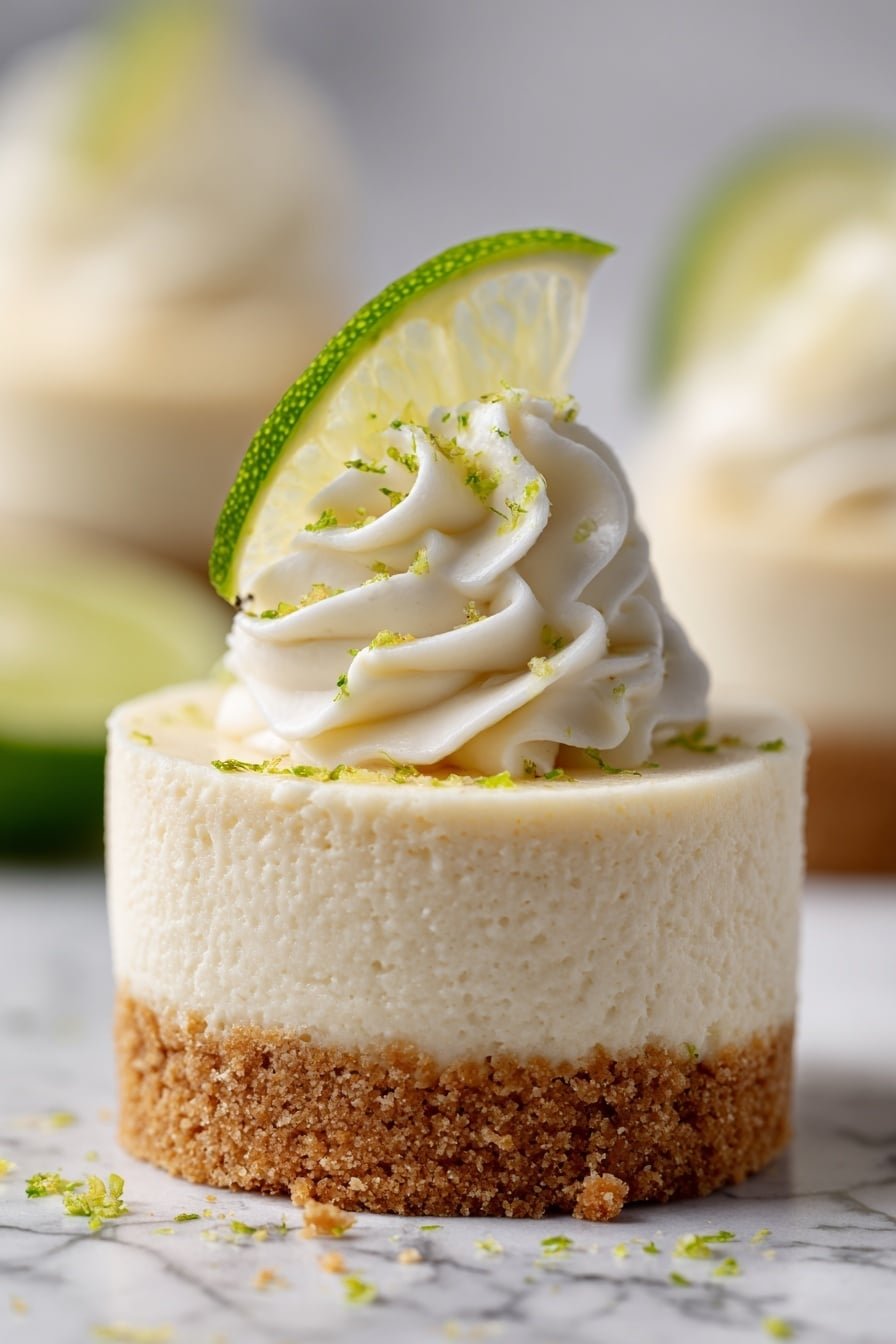 The image shows a small round dessert with two main layers on a white marbled surface. The bottom layer is a crumbly light brown crust with a coarse texture, while the top layer is smooth and creamy white, about twice the height of the crust. On top of the creamy layer, there is a swirl of white whipped cream, garnished with a bright green lime wedge and some thin lime zest strips scattered around. Two similar desserts are partially visible in the background with the same layers and decoration. Photo taken with an iphone --ar 2:3 --v 7 — Mini Key Lime Cheesecakes with Kiwi Topping, Key Lime Cheesecake Miniatures, Easy Lime Cheesecake Bites, Fresh Fruit Cheesecake Topping, No-Bake Mini Cheesecake Dessert