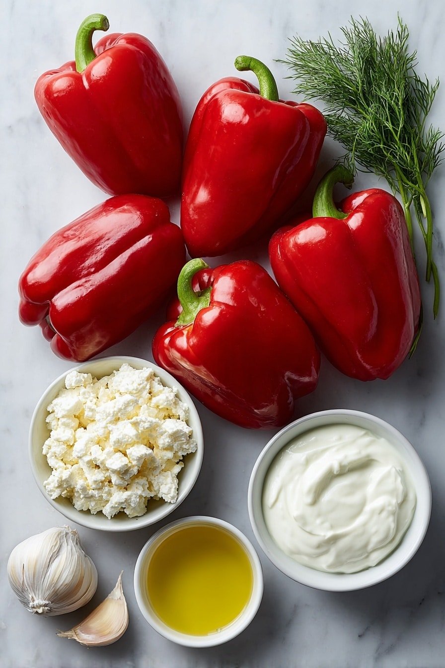 Flat lay of five medium red Romano peppers, a small white ceramic bowl of crumbled feta cheese, a small white ceramic bowl of creamy Greek yogurt, three tablespoons of golden olive oil in a small white ceramic bowl, a small bunch of fresh chopped dill, two whole garlic cloves next to a small white ceramic bowl with grated garlic, one lemon cut in half, a small white ceramic bowl with pale yellow lemon juice, placed on a clean white marble surface, soft natural light, photo taken with an iPhone, professional food photography style, fresh ingredients, white ceramic bowls, no bottles, no duplicates, no utensils, no packaging --ar 2:3 --v 7 --p m7354639359234015250 — Feta Stuffed Peppers, stuffed peppers with feta and Greek yogurt, Mediterranean stuffed peppers, Roasted Romano peppers recipe, Healthy feta stuffed peppers