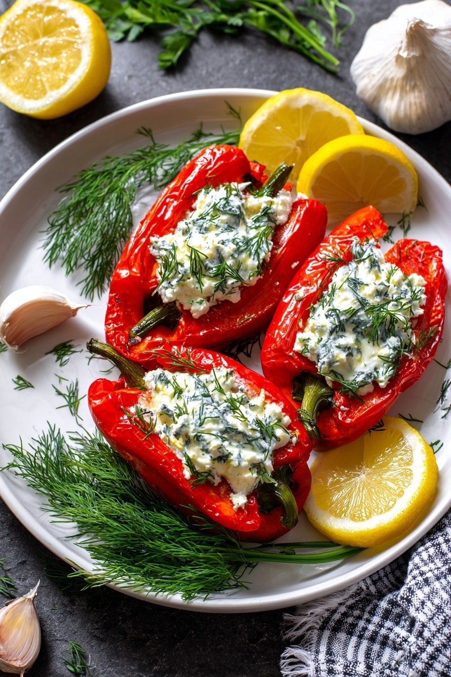 On a white oval plate, there are three shiny red roasted peppers, each sliced open lengthwise and filled with a creamy white cheese mixture that has a slightly rough texture and is sprinkled with green dill herbs. Fresh bright green dill sprigs are scattered around the peppers, along with two lemon wedges at the bottom and top left of the plate. The plate sits on a dark, slightly worn white marbled surface with some whole garlic cloves and a wooden board with more dill visible in the upper left corner. A woman's hand wearing a black and white checkered cloth is partially visible at the bottom right. photo taken with an iphone --ar 2:3 --v 7 — Feta Stuffed Peppers, stuffed peppers with feta and Greek yogurt, Mediterranean stuffed peppers, Roasted Romano peppers recipe, Healthy feta stuffed peppers