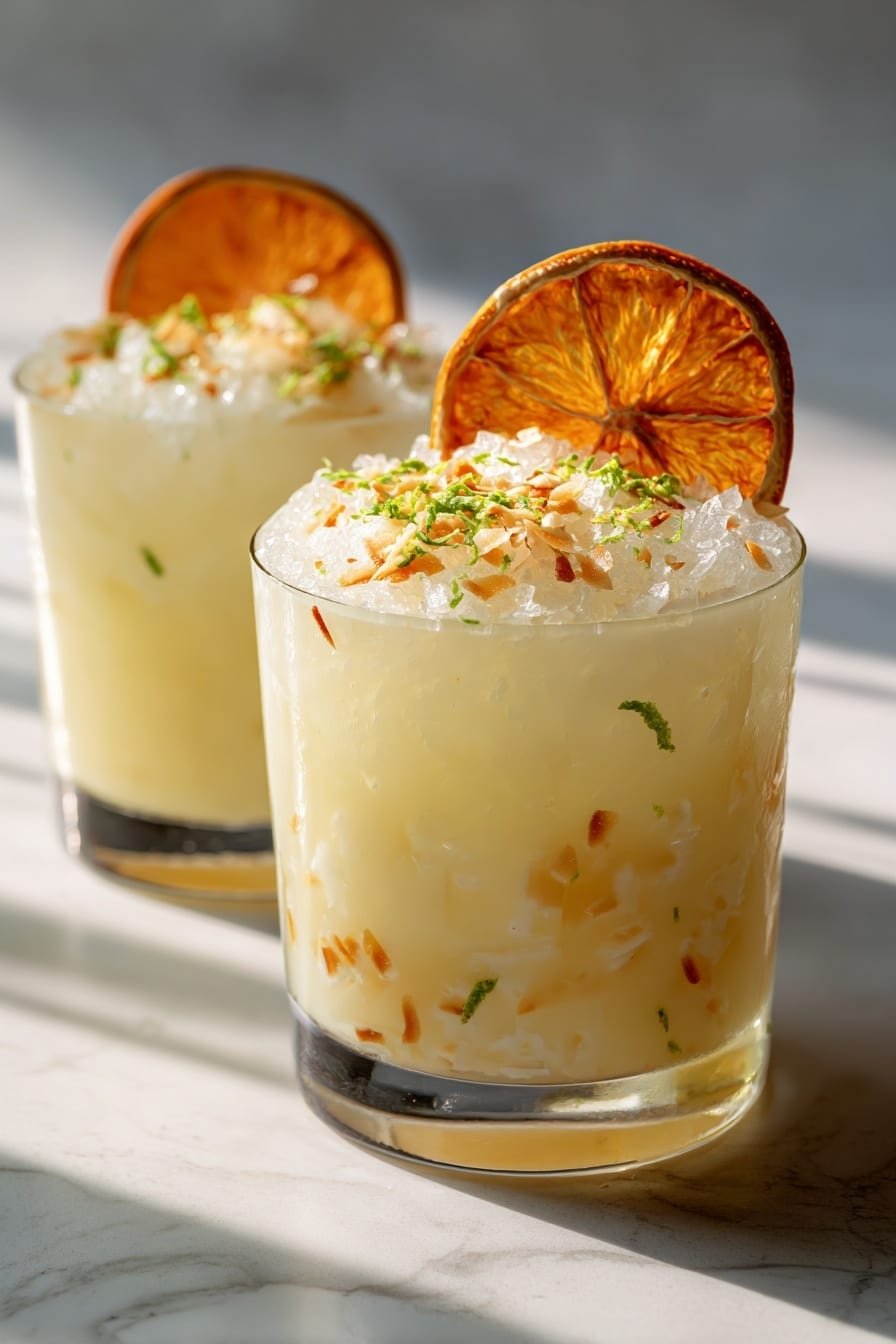 Two short clear glasses filled with a pale creamy yellow drink are shown. Each glass is topped with a layer of crushed ice that looks frosty white and light translucent. The rim of the front glass is partially covered with small pieces of toasted coconut and green zest, giving it a textured and colorful look on the left side. A dried orange slice stands upright, slightly angled, on the right edge of the front glass, adding a bright orange contrast. The glasses sit on a white marbled surface with soft, natural light creating gentle shadows. The photo taken with an iphone --ar 2:3 --v 7 — Coconut Orange Creamsicle Drink, Coconut Orange Drink, Tropical Citrus Mocktail, Creamy Citrus Beverage, Easy Summer Cocktail