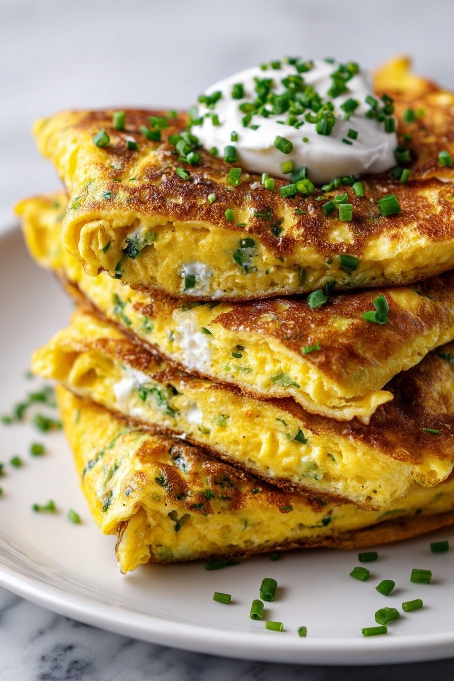 A stack of three thick, golden-brown zucchini pancakes with visible green zucchini shreds is placed on a white plate. The pancakes have a crispy, slightly browned texture on the outside and a soft, moist inside. On top of the stack is a dollop of white sour cream with chopped green chives sprinkled over it and around the pancakes on the plate. The background is a white marbled surface with soft natural light highlighting the colors and textures of the dish. photo taken with an iphone --ar 2:3 --v 7 — Soft Zucchini Pancakes with Parmesan, zucchini pancake recipes, easy savory zucchini pancakes, healthy zucchini breakfast, garlic Parmesan zucchini fritters