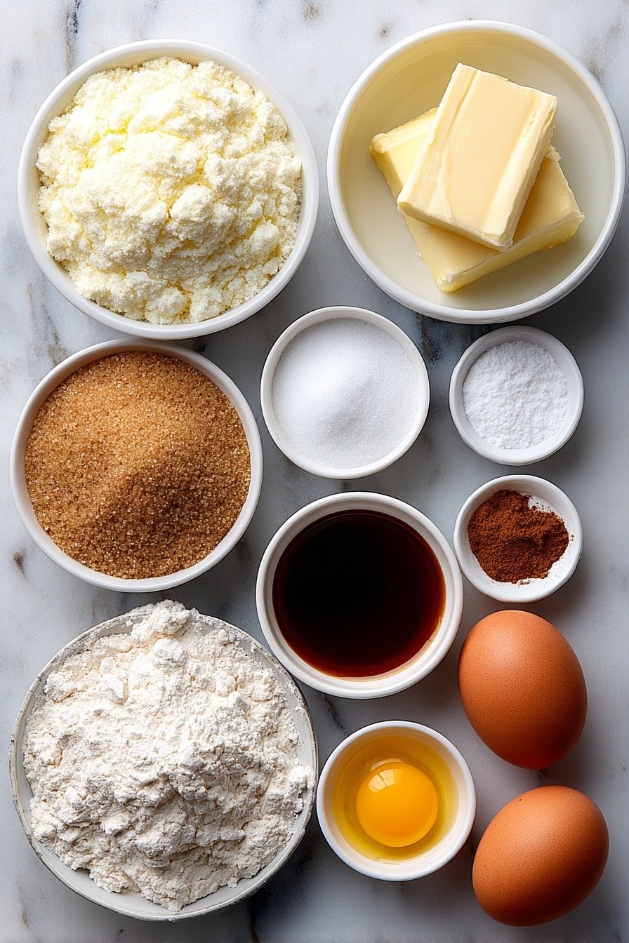 Flat lay of a small white ceramic bowl of clear water, a few tablespoons of chilled unsalted butter in a small white dish, a small white bowl filled with packed brown sugar, a pinch of fine salt in a tiny white bowl, a small mound of plain all-purpose flour on a white ceramic plate, a small white bowl containing vanilla essence, two whole uncracked brown eggs, a small white bowl of melted butter, a small white bowl of granulated sugar, a small white bowl of ground cinnamon, and a pinch of salt in another tiny white bowl, all arranged symmetrically with perfect balance, placed on a clean white marble surface, soft natural light, photo taken with an iPhone, professional food photography style, fresh ingredients, white ceramic bowls, no bottles, no duplicates, no utensils, no packaging --ar 2:3 --v 7 --p m7354639359234015250 — Baked Churro Bites with Cinnamon Sugar, baked churro bites, cinnamon sugar churro bites, homemade baked churros, easy churro bites