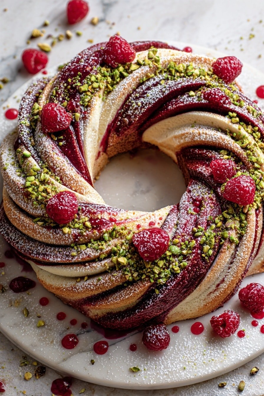 A round wreath-shaped dessert with two twisted layers, one creamy light beige and the other deep reddish-purple, swirled together in a rope-like pattern. Fresh red raspberries and green pistachio pieces are scattered on top and in between the folds of the dessert. The entire wreath is lightly dusted with powdered sugar and sits on a large white plate with a white marbled background faintly visible underneath. Drops of red sauce and extra pistachios and raspberries are placed around the plate. Photo taken with an iphone --ar 2:3 --v 7 — Raspberry Pine Nut Wreath, Raspberry Pine Nut Wreath recipe, easy raspberry wreath, festive fruit wreath, baked raspberry wreath