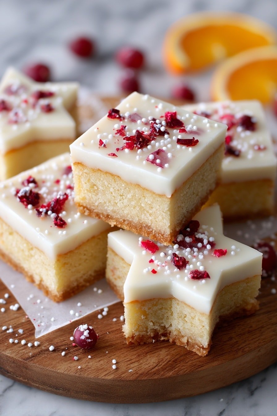 The image shows five pieces of square and star-shaped cake bars arranged on a wooden board with a few orange slices and cranberries in the background. Each cake bar has two layers: a thick, light golden-brown base with a soft texture, and a smooth, shiny white icing layer on top. The icing is decorated with scattered red berry pieces and sprinkled with fine white powdered sugar that looks like small dots. The cakes are stacked neatly, with the star shapes placed in the front and the square pieces stacked towards the center and back. The whole setup is on a white marbled surface. photo taken with an iphone --ar 2:3 --v 7 — Cranberry Orange Shortbread Cookies, holiday shortbread cookies, easy cranberry orange cookies, fruity shortbread treats, homemade shortbread recipes