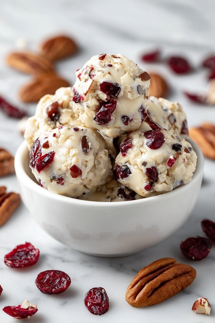 A white bowl is filled with round treats that have a light cream color and are studded with dark red dried fruit pieces and small nut chunks. Each treat is drizzled with smooth white icing that drips slightly over their uneven surfaces. Around the bowl on the white marbled surface, there are whole pecans and scattered dried red fruit pieces, adding warm brown and deep red tones to the scene. The background is softly blurred, focusing attention on the bowl and its contents. photo taken with an iphone --ar 2:3 --v 7 — Cranberry Pecan White Chocolate Clusters, white chocolate clusters with cranberries and pecans, easy holiday treat recipes, homemade chocolate nut clusters, quick no-bake dessert ideas