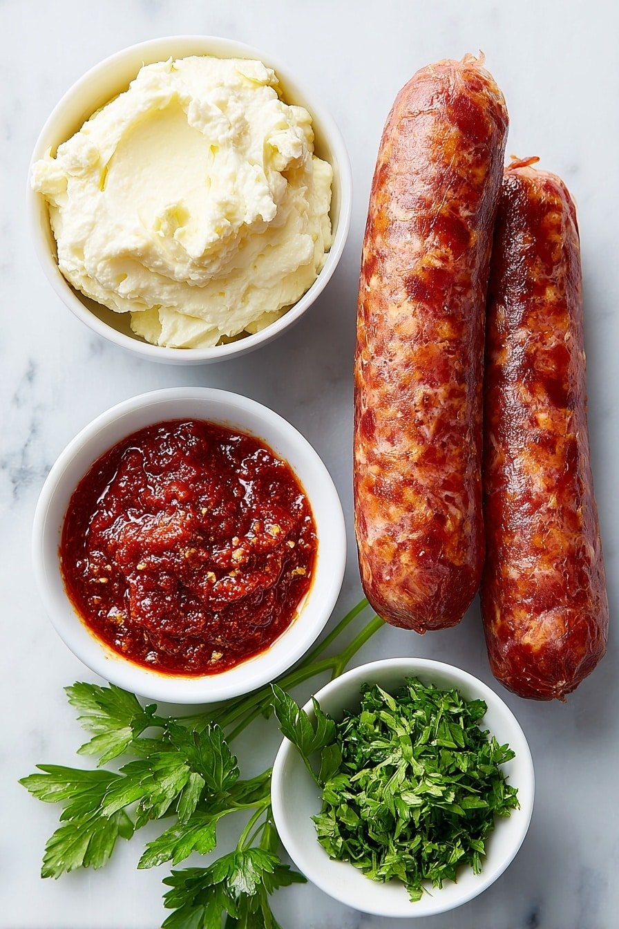 Spicy Sriracha Kielbasa Bites Recipe - Ingredients Image — Spicy Sriracha Kielbasa Bites, Kielbasa appetizer ideas, spicy sausage recipes, quick party appetizers, air fryer sausage bites
