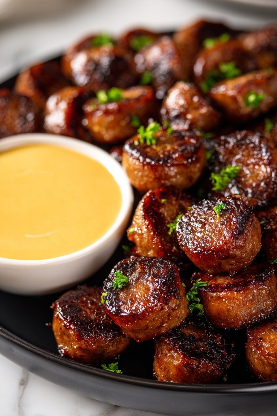 Spicy Sriracha Kielbasa Bites Recipe - Article Image 1 — Spicy Sriracha Kielbasa Bites, Kielbasa appetizer ideas, spicy sausage recipes, quick party appetizers, air fryer sausage bites