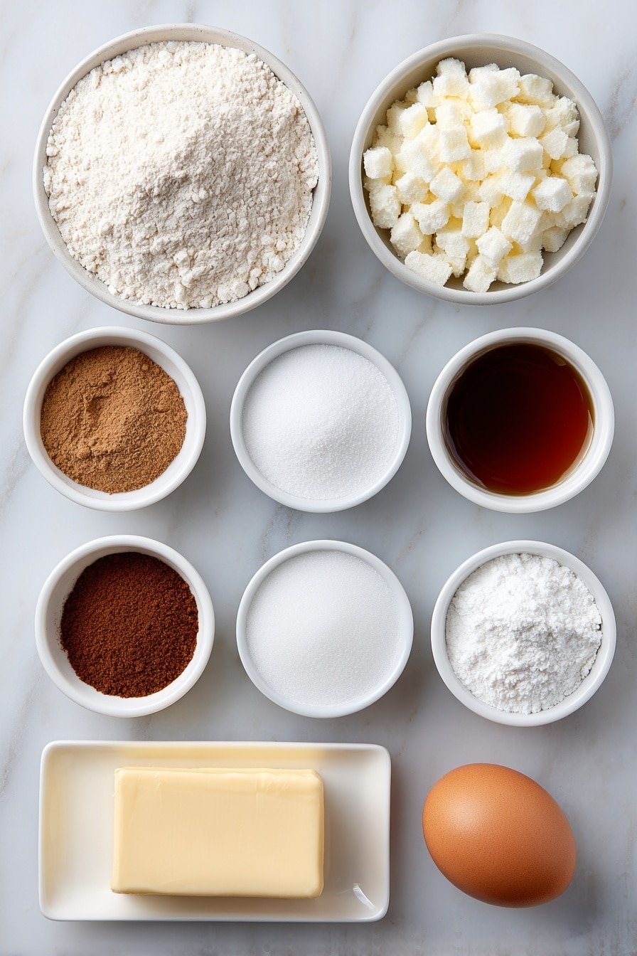 Flat lay of a small mound of all-purpose flour in a simple white ceramic bowl, a small white bowl with fine light brown ground cinnamon, a small white bowl with pale cream of tartar powder, a small white bowl with fine granular white salt, a small white bowl with finely ground baking soda, a square of unsalted butter with a pale yellow creamy texture, a small white ceramic bowl filled with granulated white sugar, one whole uncracked brown egg, a small white ceramic bowl containing clear vanilla extract, a small white bowl with finely chopped peeled green Granny Smith apples, and a small white bowl with a mixture of granulated sugar and ground cinnamon; all ingredients arranged in a perfectly symmetrical, balanced layout with fresh natural appearance, placed on a clean white marble surface, soft natural light, photo taken with an iPhone, professional food photography style, fresh ingredients, white ceramic bowls, no bottles, no duplicates, no utensils, no packaging --ar 2:3 --v 7 --p m7354639359234015250 — Apple Cinnamon Snickerdoodles, cinnamon apple cookies, fall snickerdoodle recipe, homemade apple cinnamon cookies, easy apple dessert
