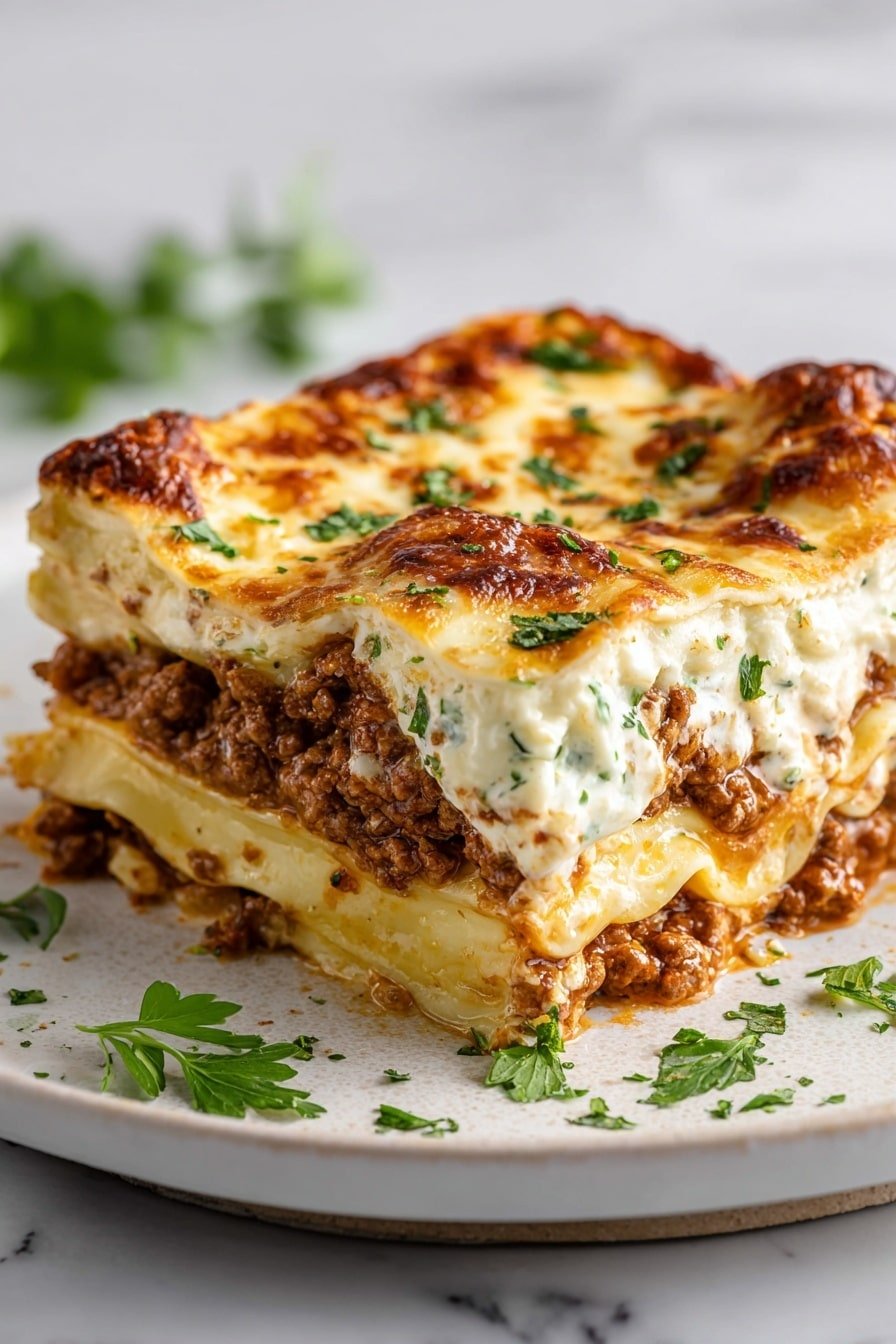 A square piece of lasagna sits on a white square plate on a white marbled surface. The lasagna has four main layers: at the bottom, a thick layer of cooked ground meat in rich brown sauce; above this, a pale creamy cheese layer smooth in texture; next, a layer of cooked pasta sheets that are light yellow and slightly soft looking; then another thick layer of meat sauce, topped with melted cheese that is golden brown with bubbly spots. Small pieces of chopped green parsley are sprinkled over the top and around the plate. The edges of the lasagna appear slightly browned and crispy. Photo taken with an iphone --ar 2:3 --v 7 — Million Dollar Lasagna, best lasagna recipe, homemade lasagna, Italian lasagna, comforting lasagna dish