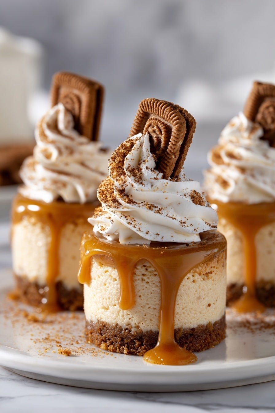 The image shows a small dessert with three layers, placed on a white plate with some crumbs around it. The bottom layer is a light brown, crumbly base. The middle layer is a thick, smooth cream-colored cheesecake. On top of the cheesecake, a thick caramel sauce drips down the sides unevenly. Above the caramel, there is a swirl of white whipped cream sprinkled with golden crumbs. A rectangular brown cookie with an intricate pattern is placed upright in the whipped cream. The background has more similar desserts slightly out of focus on a white marbled surface. Photo taken with an iphone --ar 2:3 --v 7 — No Bake Biscoff Cheesecake Minis, Biscoff Cheesecake Minis, Biscoff Cheesecake, No Bake Cheesecake, Biscoff dessert