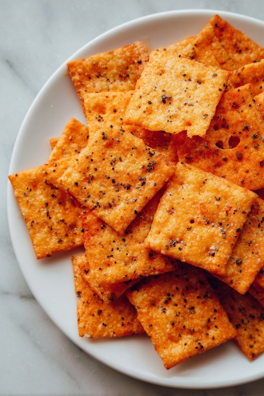 A white plate filled with a pile of square-shaped crackers that are light golden brown with a slightly rough texture. Each cracker is thin and topped with small black specks of seasoning evenly spread across the surface, along with small raised bumps from the baked cheese. The crackers are stacked loosely in several layers, some overlapping each other with visible crispy edges. The background has a white marbled texture, and the lighting brings out the warmth of the golden color on the crackers. photo taken with an iphone --ar 2:3 --v 7 — Cheese Crackers, homemade cheese crackers, savory cheese snack, easy cheese cracker recipe, crispy cheese crackers