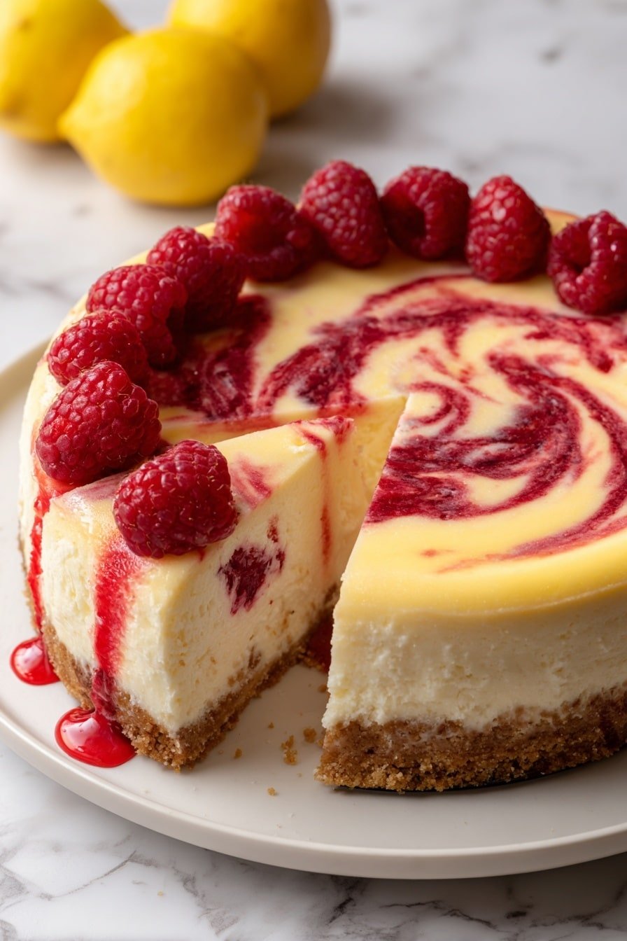 A round cheesecake with three visible layers sits on a white plate over a white marbled surface. The bottom layer is a light brown crumbly crust. The middle layer is thick, creamy, and pale yellow. The top layer has a smooth swirl pattern of bright red and creamy yellow colors. Fresh red raspberries decorate the edge of the cake. There is one slice removed, showing the inside texture. The bright red swirl from the top drips slightly down the side. Two yellow lemons sit blurred in the background. photo taken with an iphone --ar 2:3 --v 7 — Lemon Raspberry Swirl Cheesecake, lemon raspberry cheesecake, fruity cheesecake recipes, no-bake lemon dessert, summer berry cheesecake