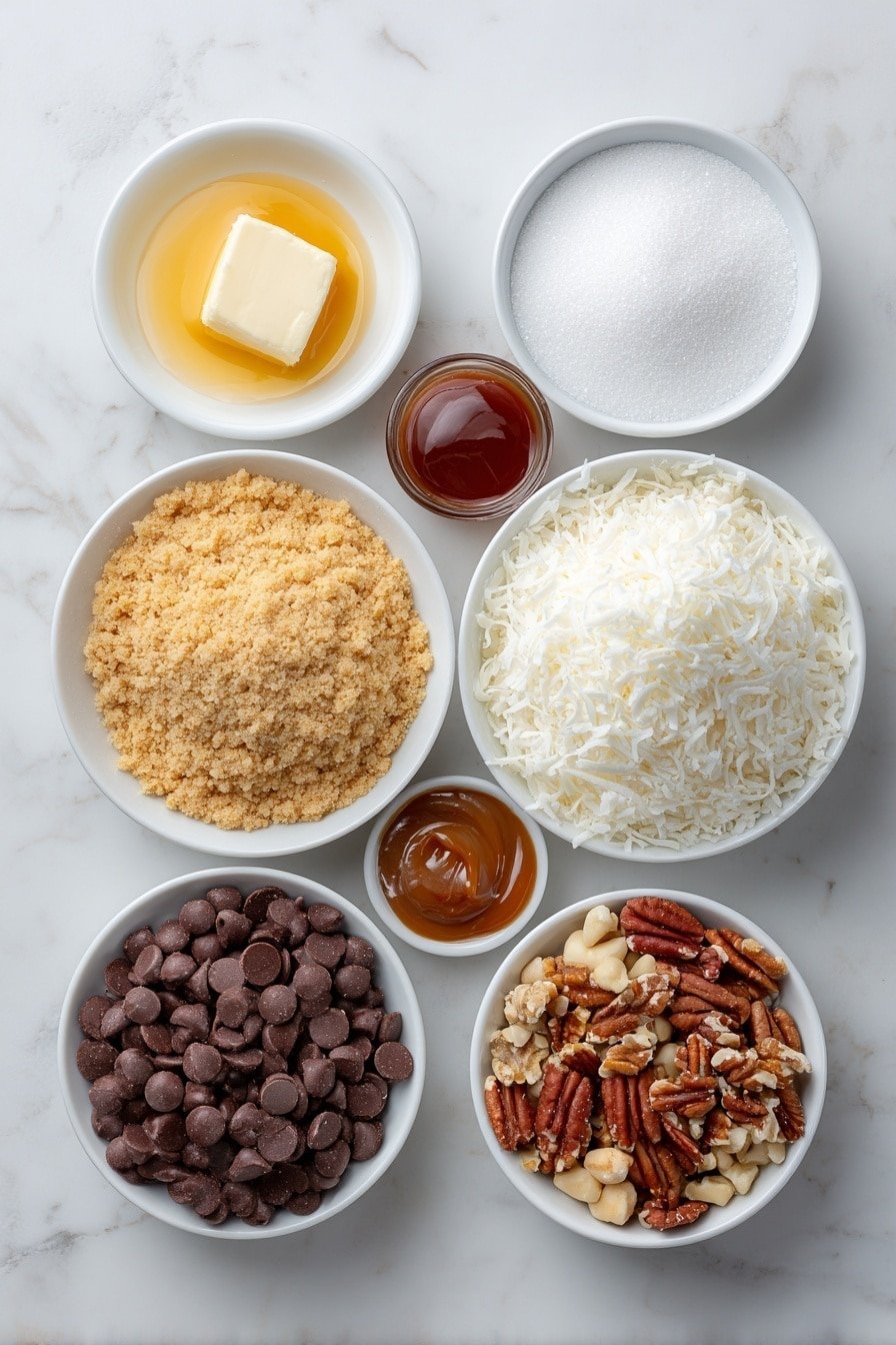 Loaded Caramel Cookie Bars Recipe - Ingredients Image — Loaded Caramel Cookie Bars, caramel cookie bars, easy caramel dessert, chewy cookie bars, caramel and coconut bars