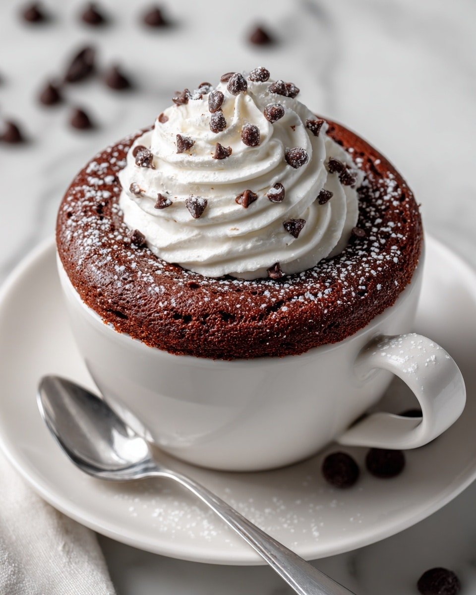 A white cup filled with a thick, dark brown chocolate cake that rises slightly above the rim. On top, there is a generous swirl of white whipped cream, sprinkled with small dark chocolate chips and a light dusting of powdered sugar. The cup sits on a matching white saucer with scattered chocolate chips around the edges and a silver spoon resting on the saucer. The whole scene is set on a white marbled surface with a soft gray cloth underneath, creating a clean and cozy look. Photo taken with an iphone --ar 4:5 --v 7 — Protein Mug Cake, healthy mug cake recipe, quick microwave cake, high-protein dessert, nutritious mug cake