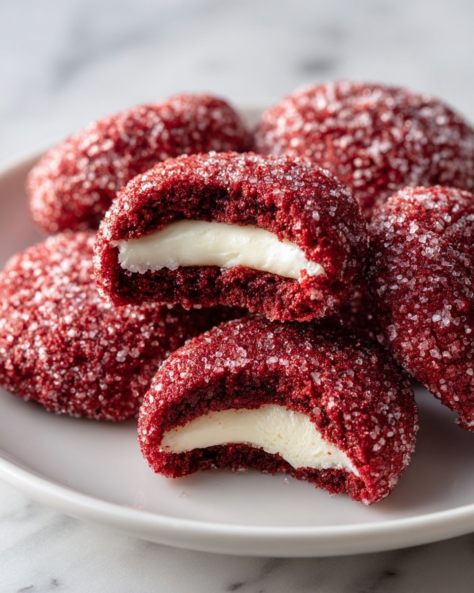 Red Velvet Thumbprint Cookies with Cream Cheese Filling Recipe - Recipe Image — Red Velvet Thumbprint Cookies with Cream Cheese Filling, festive cookie recipes, thumbprint cookies with cream cheese, holiday red velvet cookies, easy cream cheese filled cookies