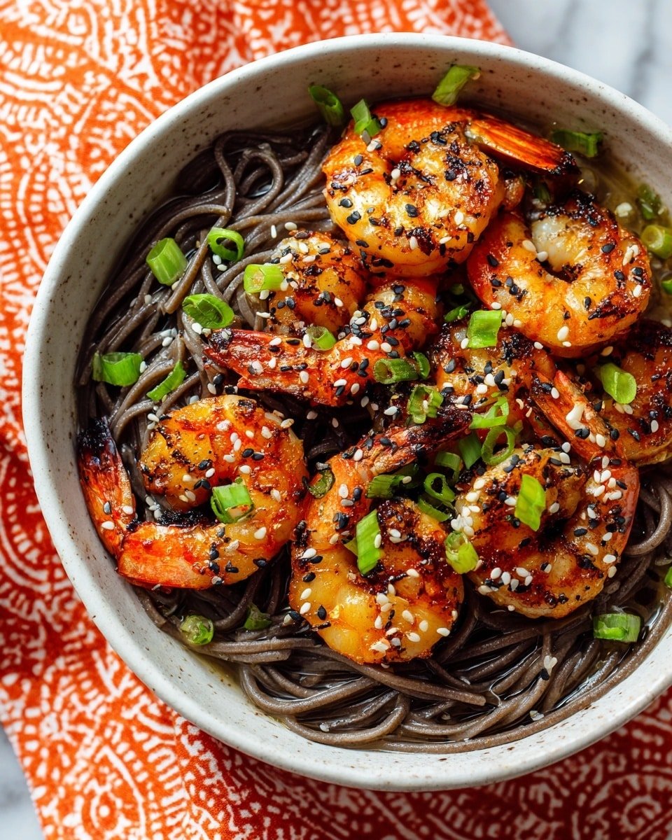 A white bowl filled with two layers: the bottom layer is dark brown soba noodles with a smooth texture, and the top layer shows several grilled shrimp that are orange with blackened grill marks and a slightly shiny surface. The shrimp are sprinkled with white and black sesame seeds and small cuts of bright green onion. The bowl sits on an orange cloth with white patterns, all placed on a white marbled surface. photo taken with an iphone --ar 4:5 --v 7 — Sesame Garlic Shrimp & Soba, sesame garlic shrimp recipe, soba noodle recipes, quick Asian shrimp stir-fry, easy seafood dinner ideas