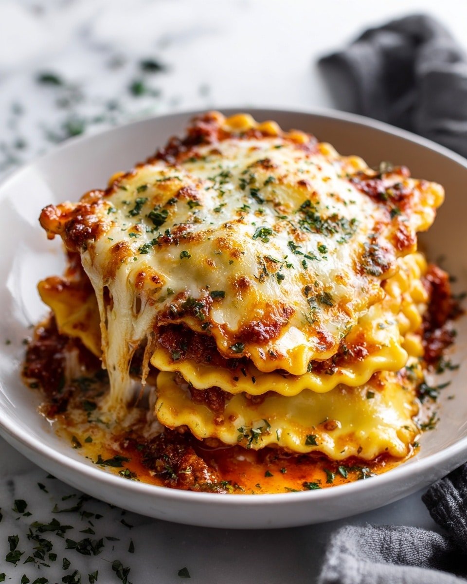 A white bowl filled with three large round ravioli pasta layers, each layer bright yellow with wavy edges, covered in a thick light red meat sauce. The top layer is coated with melted, bubbly light golden cheese that stretches in strings where a portion has been lifted, and is sprinkled with small green herb pieces. The bowl sits on a white marbled surface with some chopped herbs scattered around, and a gray cloth is partly visible on the side. Photo taken with an iphone --ar 4:5 --v 7 — Cheesy Million Dollar Ravioli Casserole, hearty cheesy ravioli bake, easy pasta casserole, baked ravioli with cheese and marinara, comfort food recipes